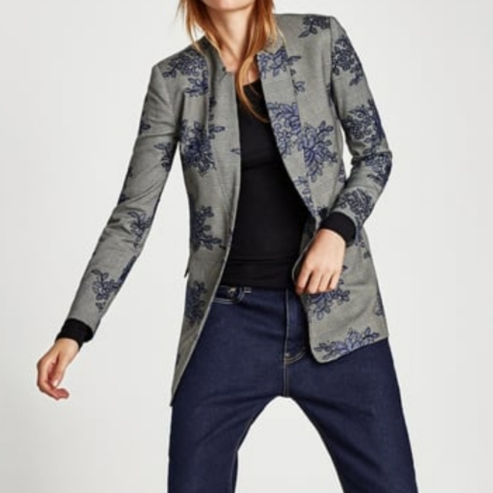 Zara Gray and Blue Floral Blazer